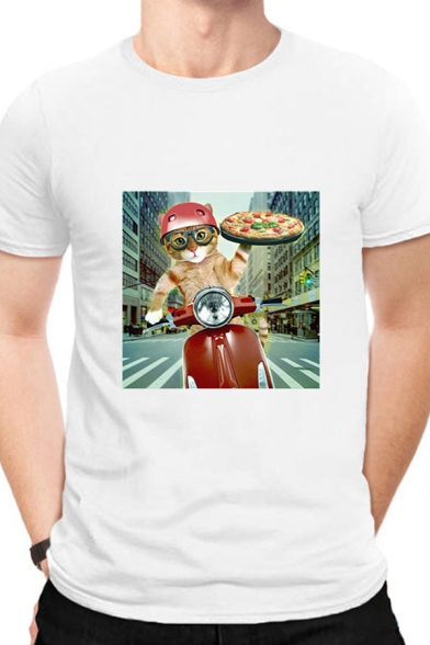 Novelty Mens Cat Pizza Printed Short Sleeve Crew Neck Regular Fitted Tee Top