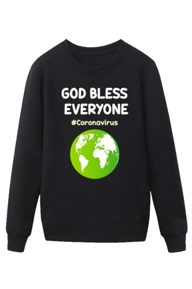 Popular Mens Earth Letter God Bless Everyone Corona Virus Printed Pullover Long Sleeve Round Neck Regular Fit Graphic Sweatshirt