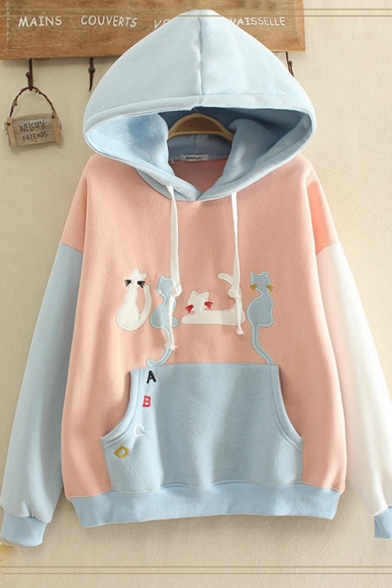 Popular Thick Sherpa Liner Cat Embroidery Contrasted Long Sleeve Drawstring Kangaroo Pocket Loose Hoodie for Girls