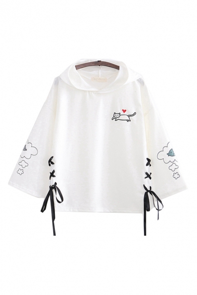 Preppy Girls Lace Up Cartoon Cat Embroidery Fish Printed Hooded 3/4 Bell Sleeve Relaxed Fit Hoodie