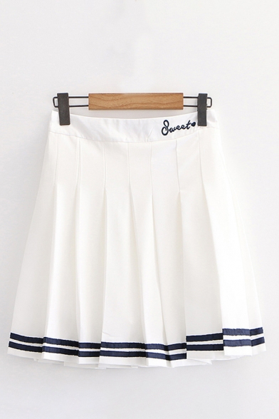 

Preppy Girls Letter Sweet Embroidered Striped Mini Pleated A-line Skirt, White;navy, LC640197