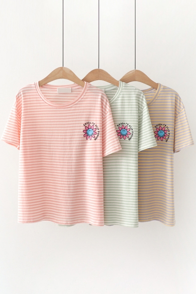 Preppy Looks Flower Stripe Letter Graphic Short Sleeve Round Neck Relaxed Tee Top