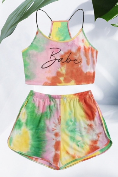 Pretty Girls Tie Dye Letter Babe Printed Slim Fit Cropped Cami Top & Relaxed Fit Shorts Set