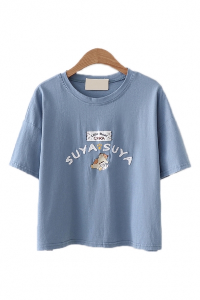 Pretty Womens Letter Suya Suya Cat Embroidered Short Sleeve Round Neck Relaxed Crop Tee