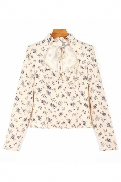 Sexy Womens Ditsy Floral Print Long Sleeve Stand Collar Bow Tied Cut out Fitted T Shirt in Beige