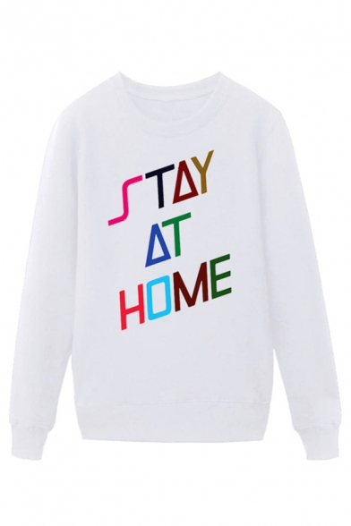 Simple Letter Stay at Home Printed Pullover Long Sleeve Round Neck Regular Fitted Graphic Sweatshirt for Men