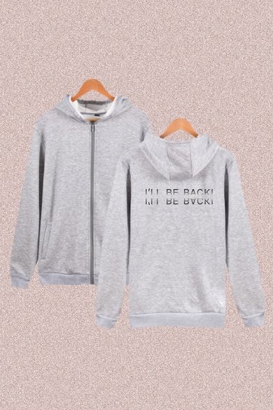 Simple Mens Letter I Will Be Back Printed Pocket Drawstring Zipper up Long Sleeve Regular Fitted Hooded Sweatshirt
