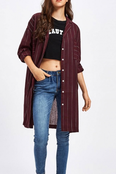 Streetwear Womens Stripe Print Long Sleeve Lapel Neck Button up Chest Pocket Long Loose Fit Shirt Top in Burgundy