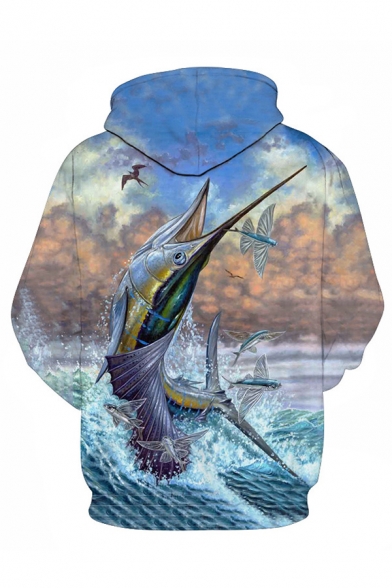 Stylish Fish Water 3D Print Drawstring Pocket Long Sleeve Relaxed Fit Hooded Sweatshirt for Men