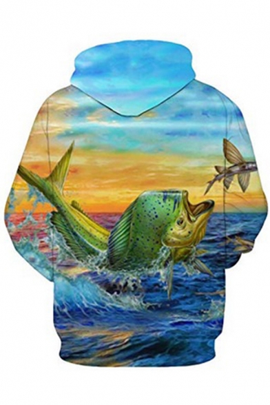 Stylish Fish Water 3D Print Drawstring Pocket Long Sleeve Relaxed Fit Hooded Sweatshirt for Men