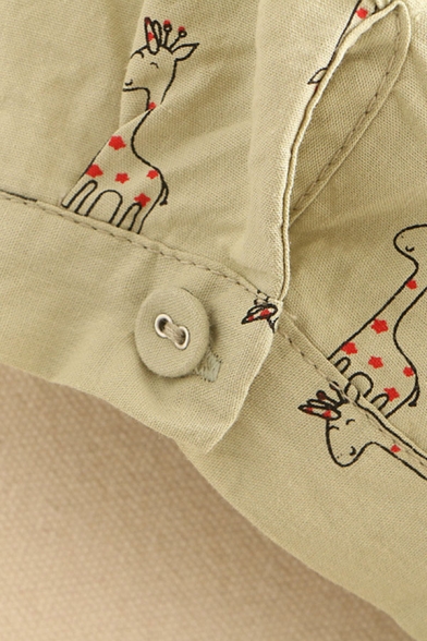 Stylish Giraffe Allover Printed Short Sleeve Stringy Selvedge Drawstring Waist Button up Mid Pleated Swing Dress