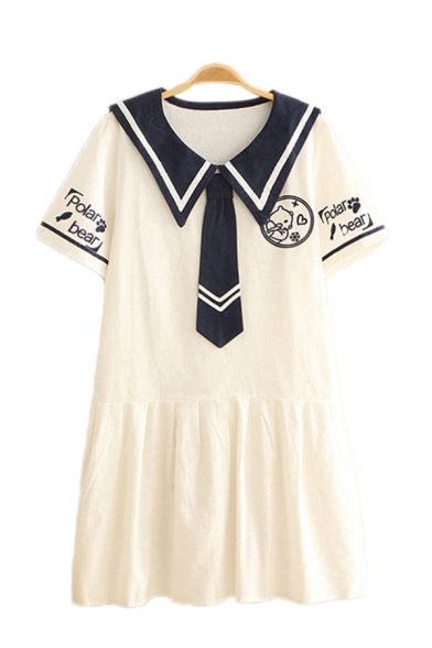 Stylish Girls Letter Polar Bear Cartoon Embroidery Striped Short Sleeve Point Collar Tie Ruffled Short Pleated A-line Dress