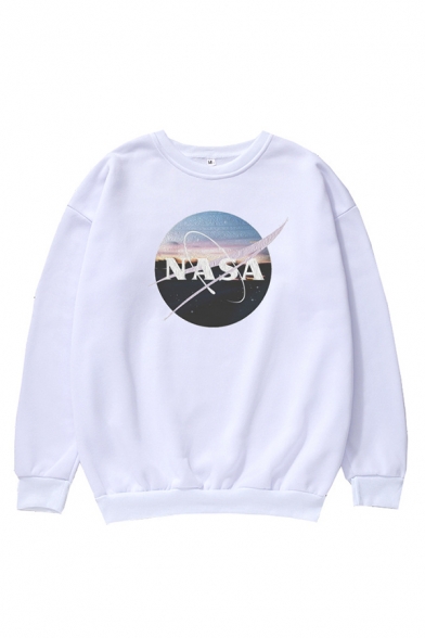 Stylish Guys Letter Nasa Graphic Long Sleeve Crew Neck Loose Fit Pullover Sweatshirt