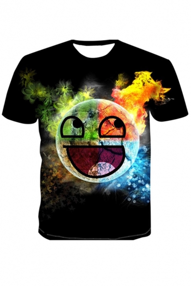 Stylish Mens 3D Earth Smile Floral Pattern Short Sleeve Round Neck Fitted T-Shirt