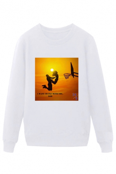 Stylish Mens Character Basketball Stand Letter I Want to Fly with You Dad Printed Pullover Long Sleeve Round Neck Regular Fit Graphic Sweatshirt