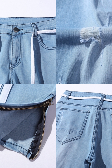 Stylish Mens Jeans Distressed Zipper Button Detail Pockets Light Wash Full Length Tapered Jeans in Light Blue