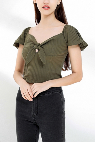 Stylish Womens Knitted Butterfly Sleeves V-neck Bow Tied Front Slim Fit Cropped Tee Top in Army Green