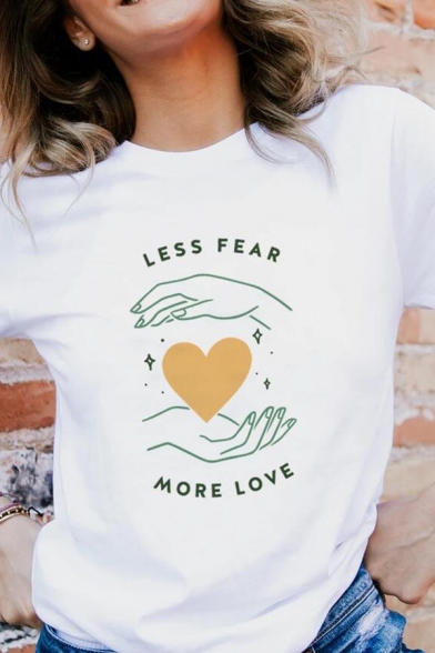 Summer Girls Letter Less Fear Hand Heart Graphic Short Sleeve Crew Neck Relaxed Tee Top in White