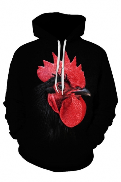 Trendy Mens 3D Chicken Printed Pocket Drawstring Long Sleeve Regular Fit Hooded Sweatshirt