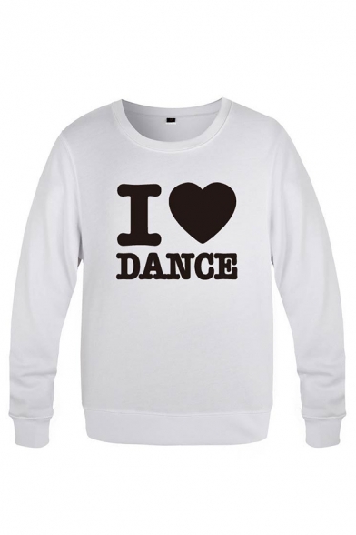 Trendy Mens Heart Letter I Love Dance Printed Long Sleeve Round Neck Regular Fitted Graphic Pullover Sweatshirt