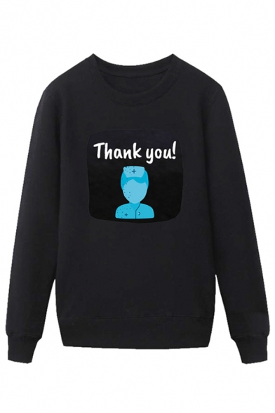 Trendy Nurse Letter Thank You Printed Pullover Long Sleeve Round Neck Regular Fitted Graphic Sweatshirt for Men
