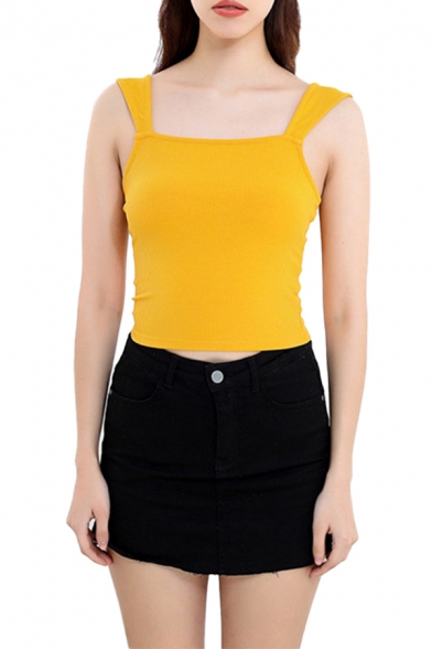 Trendy Womens Plain Square Neck Slim Fit Cropped Tank Top in Yellow