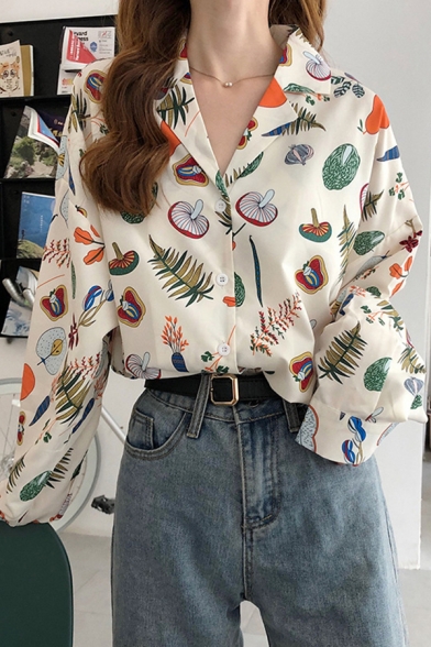 Unique Womens Allover Cartoon Mushroom Leaf Print Long Sleeve Notched Collar Button down Loose Shirt in White