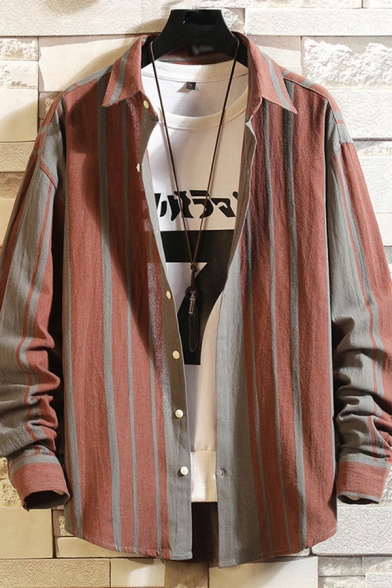Vintage Mens Shirt Striped Pattern Button-down Long Sleeve Spread Collar Regular Fit Shirt