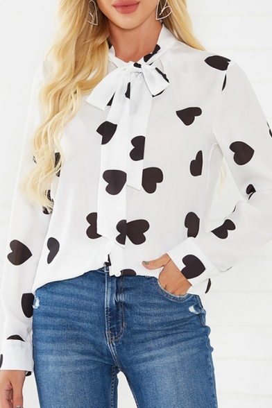 Womens Trendy Allover Heart Print Long Sleeve Bow Tied Neck Curved Hem Relaxed Blouse Top in White