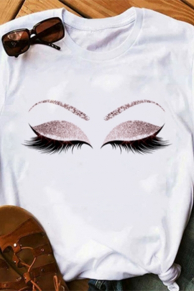 Basic Womens Cartoon Eyes Graphic Rolled Short Sleeve Crew Neck Slim Fitted Tee Top in White