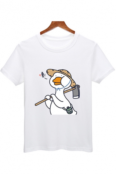 Cartoon Duck Pattern Short Sleeve Crew Neck Relaxed Fashionable T-shirt in White