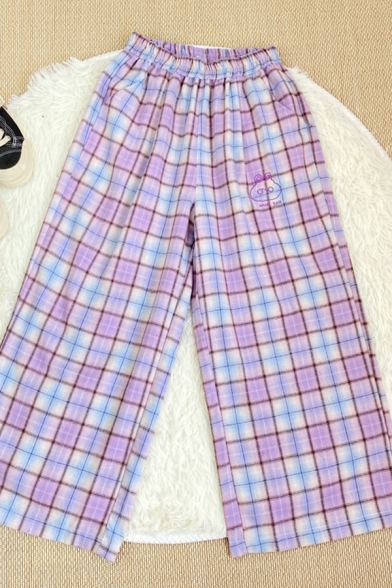 Casual English Letter Rabbit Embroidery Detail Plaid Pockets Elastic Waist Ankle Relaxed Fit Straight Trousers for Girls