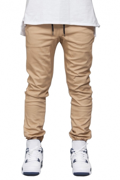 Casual Solid Color Drawstring Cuffed Ankle Length Tapered Fitted Pants with Pockets