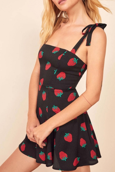 Chic Girls Allover Strawberry Pattern Bow Tied Shoulder Mini Pleated A-line Slip Dress in Black