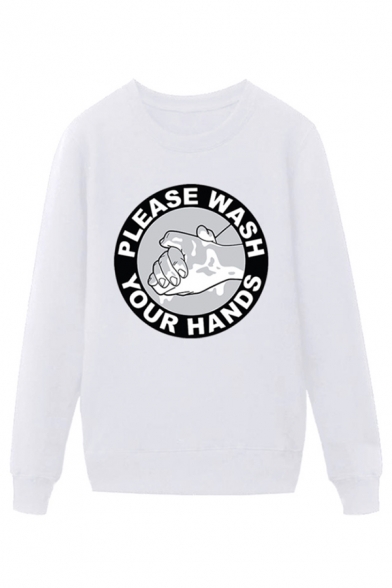 Chic Mens Hand Letter Please Wash Your Hands Printed Pullover Long Sleeve Round Neck Regular Fitted Graphic Sweatshirt