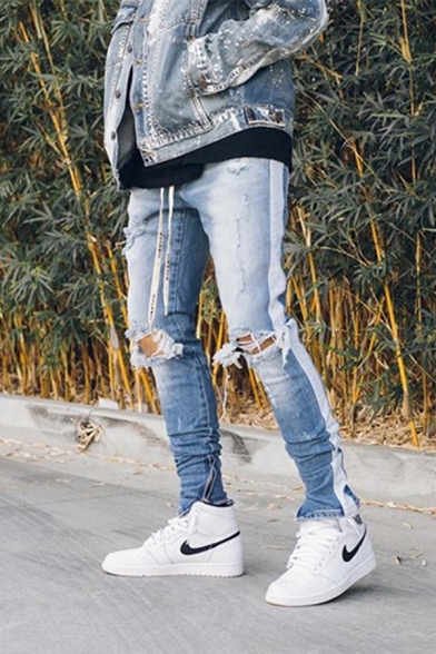 Chic Mens Jeans Light Wash Ripped Tape Zipper Pocket Mid Rise Full Length Slim Fitted Jeans