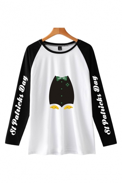 Chic Mens Tie Penguin Letter St Patrieks Day Printed Raglan Long Sleeve Round Neck Regular Fit Graphic T-Shirt