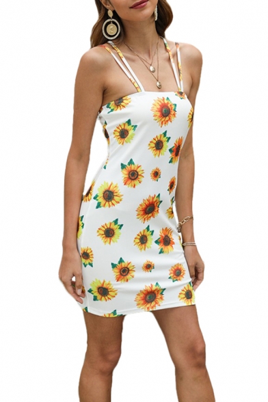 Chic Womens Allover Flower Printed Strappy Slit Side Mini Shift Cami Dress in White