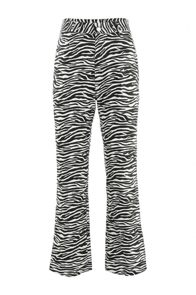 Chic Womens Zebra Print High Rise Long Length Flared Pants in Black and White