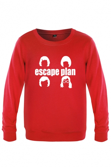 Cool Boys Letter Escape Plan Cartoon Graphic Long Sleeve Round Neck Loose Fitted Pullover Sweatshirt