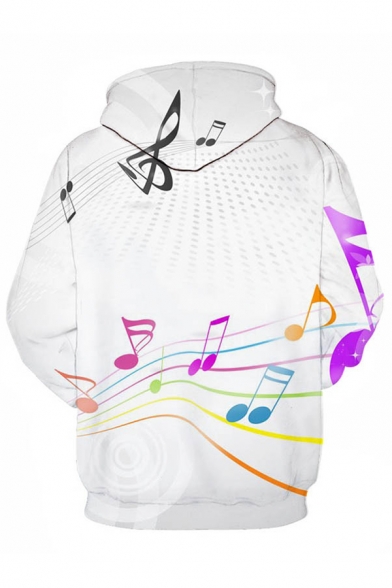 Cool Mens 3D Note Pattern Pocket Drawstring Long Sleeve Regular Fit Hooded Sweatshirt