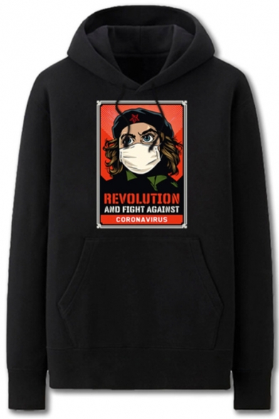 Cool Mens Character Mask Letter Revolution and Fight Against Corona Virus Printed Pocket Drawstring Long Sleeve Regular Fit Graphic Hoodie