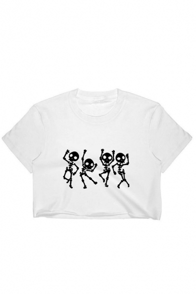 Cool Skull Print Short Sleeve Crew Neck Relaxed Cropped Tee for Girls