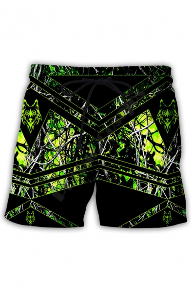 Creative Mens Letter Country Girl Forest Deer Pattern Drawstring Waist Relaxed Shorts