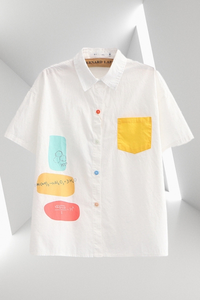 Cute Girls Formula Printed Contrasted Chest Pocket Colorful Button up Short Sleeve Point Collar Loose Shirt