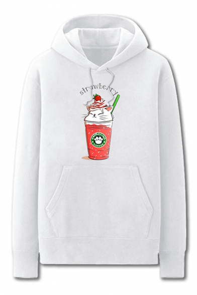 Dressy Coffee Cat Pattern Letter Strawberry Pocket Drawstring Long Sleeve Regular Fit Graphic Hooded Sweatshirt for Men