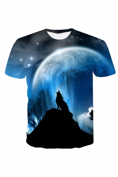 Dressy Mens 3D Moon Wolf Tiger Printed Short Sleeve Round Neck Regular Fitted Tee Top