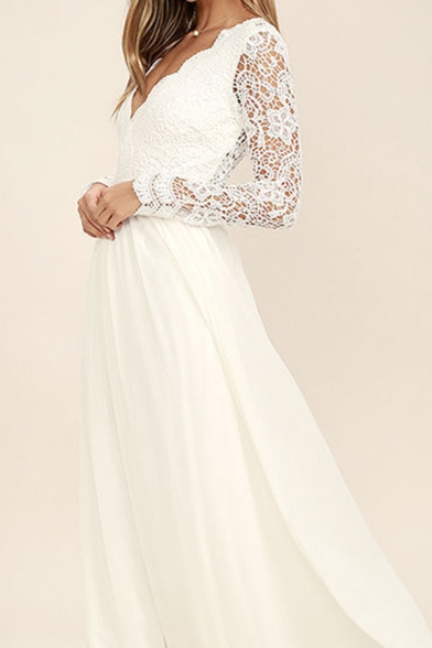 Elegant Womens See-through Lace Long Sleeve Scalloped V-neck Backless Maxi Flowy Prom Dress in White