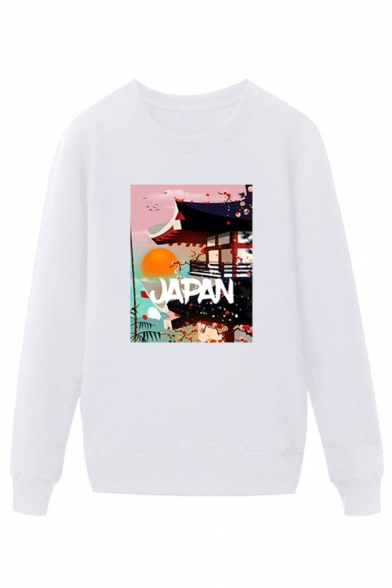 Fancy Mens Landscape Pattern Letter Japan Pullover Long Sleeve Round Neck Regular Fitted Sweatshirt