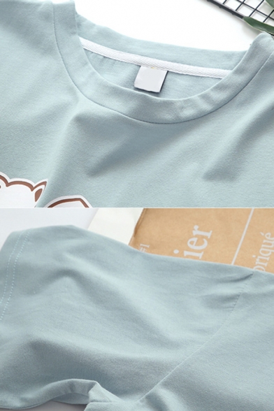 Fashion Girls Cartoon Bear Japanese Letter Graphic Short Sleeve Round Neck Relaxed Tee Top